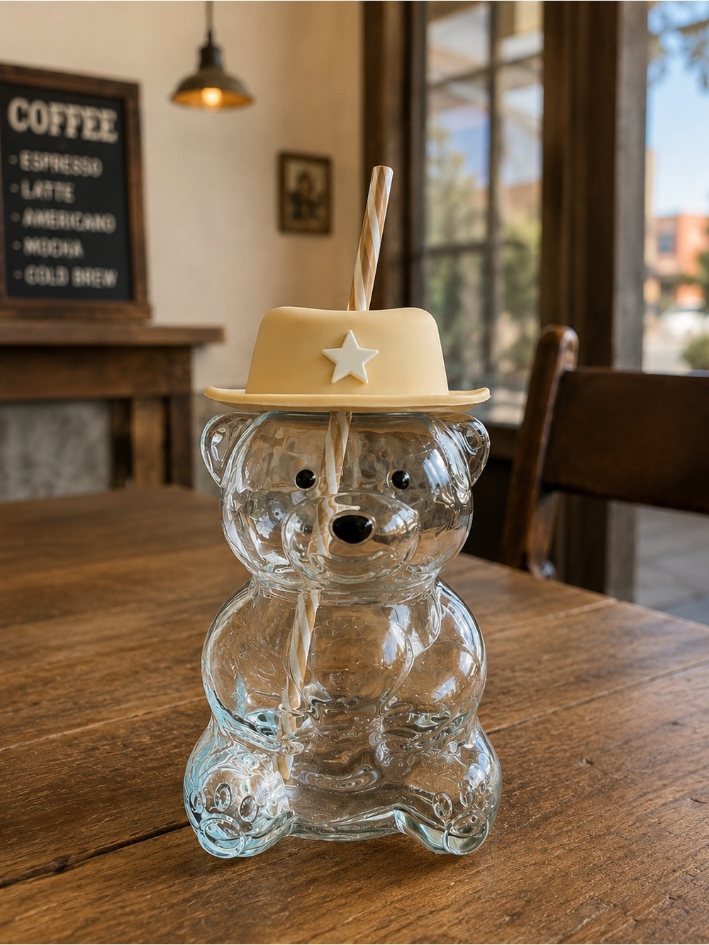 Cute Cowboy Bear Glass Tumbler 16.9 oz Western Hat Straw NEW Collectible
